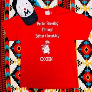 Nerdy humor graphic tee with lab gremlin artwork. RED LARGE